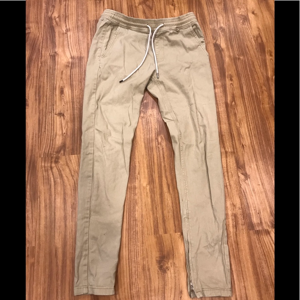 Skinny fit khaki draw string pants with side zip